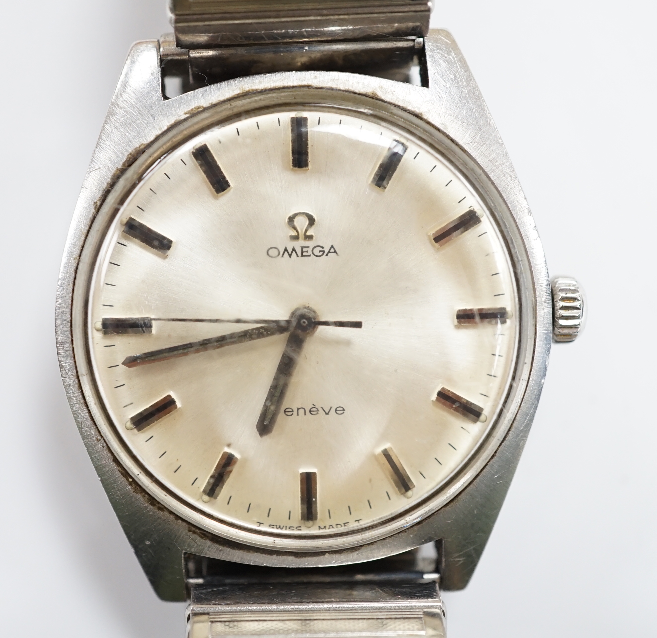 A gentleman's 1970's stainless steel Omega manual wind wrist watch, with baton numerals, cased diameter 36mm, with box and papers.